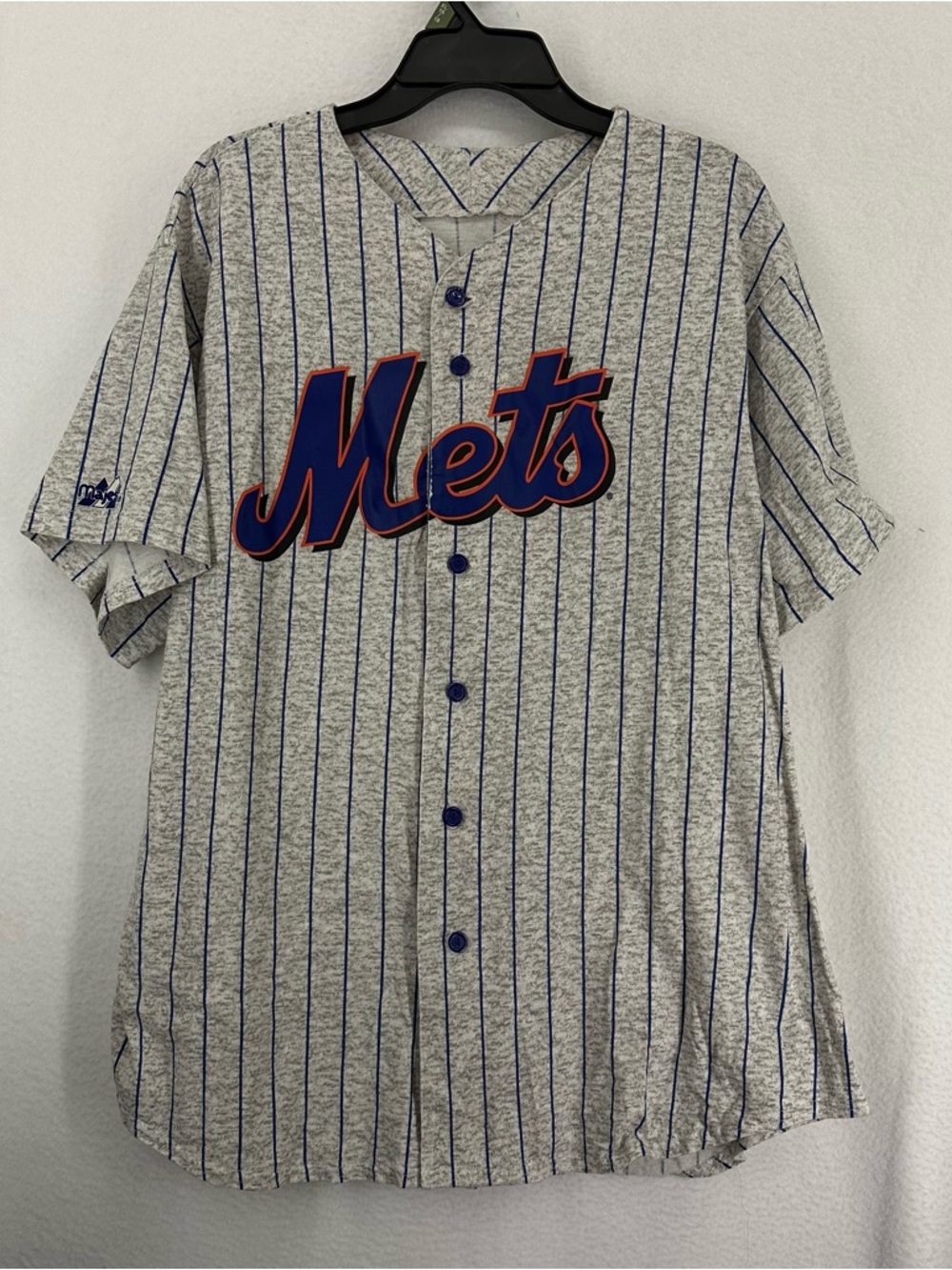 NY Mets Pinstripe Button Down T Shirt Logo Mens XL Grey